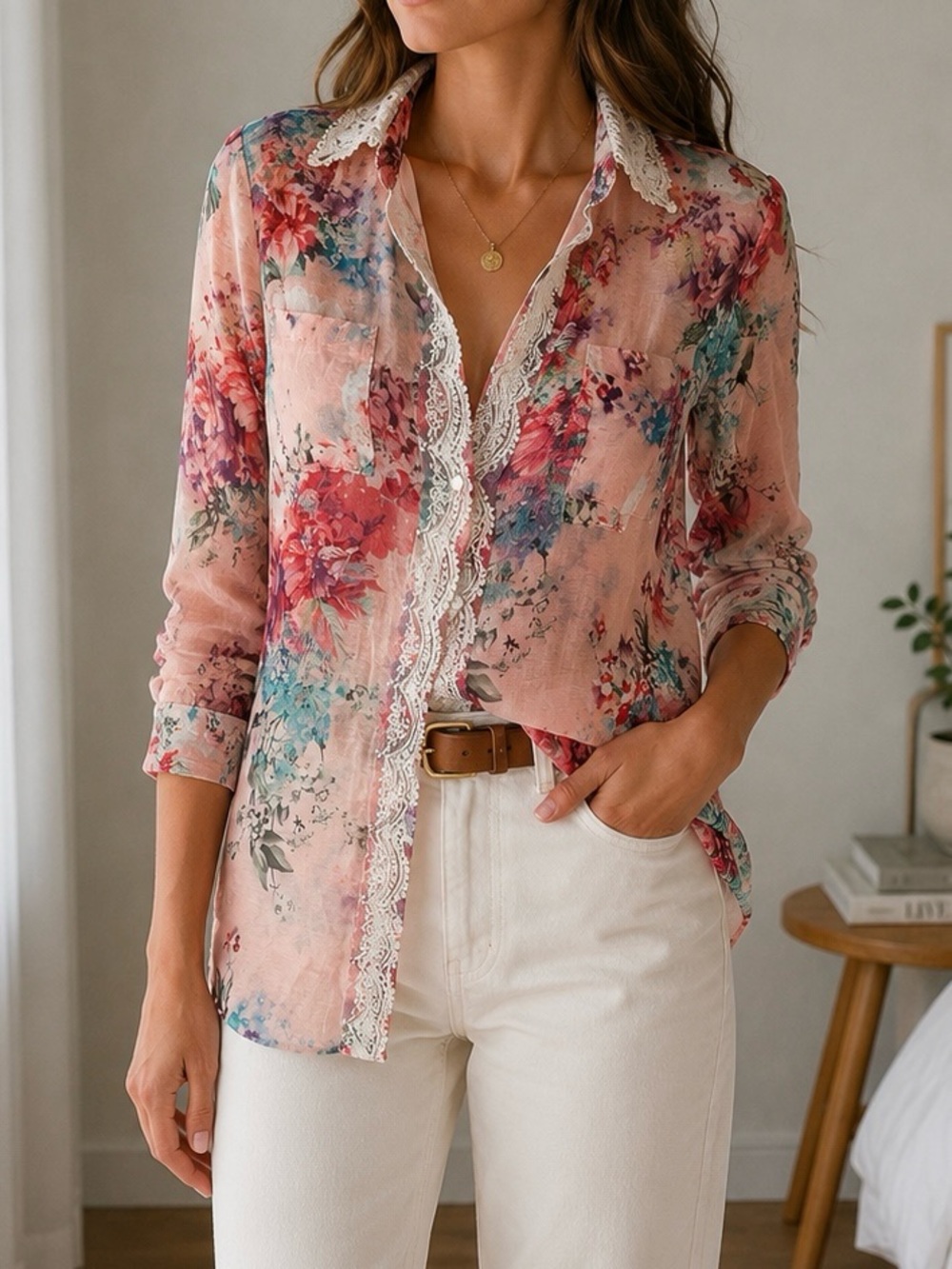 Floral Pink Lace-Trim Button-Down Blouse - Small